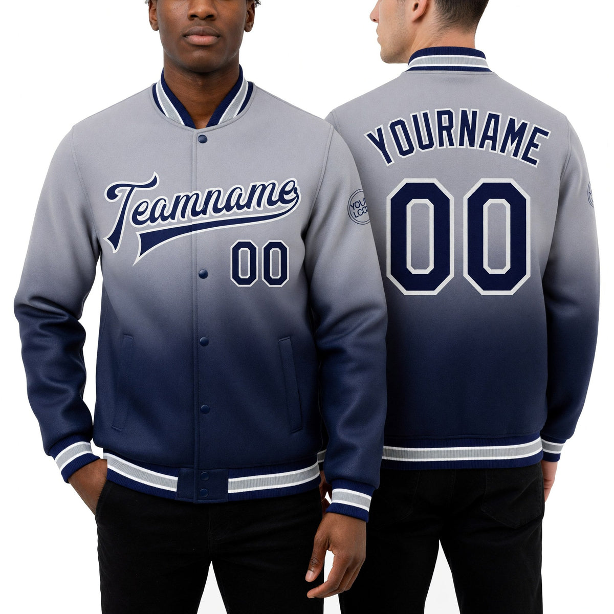 Custom Gray Navy-White Bomber Full-Snap Varsity Letterman Fade Fashion Jacket worn front and back