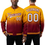 Custom Gold White-Crimson Bomber Full-Snap Varsity Letterman Fade Fashion Jacket worn front and back