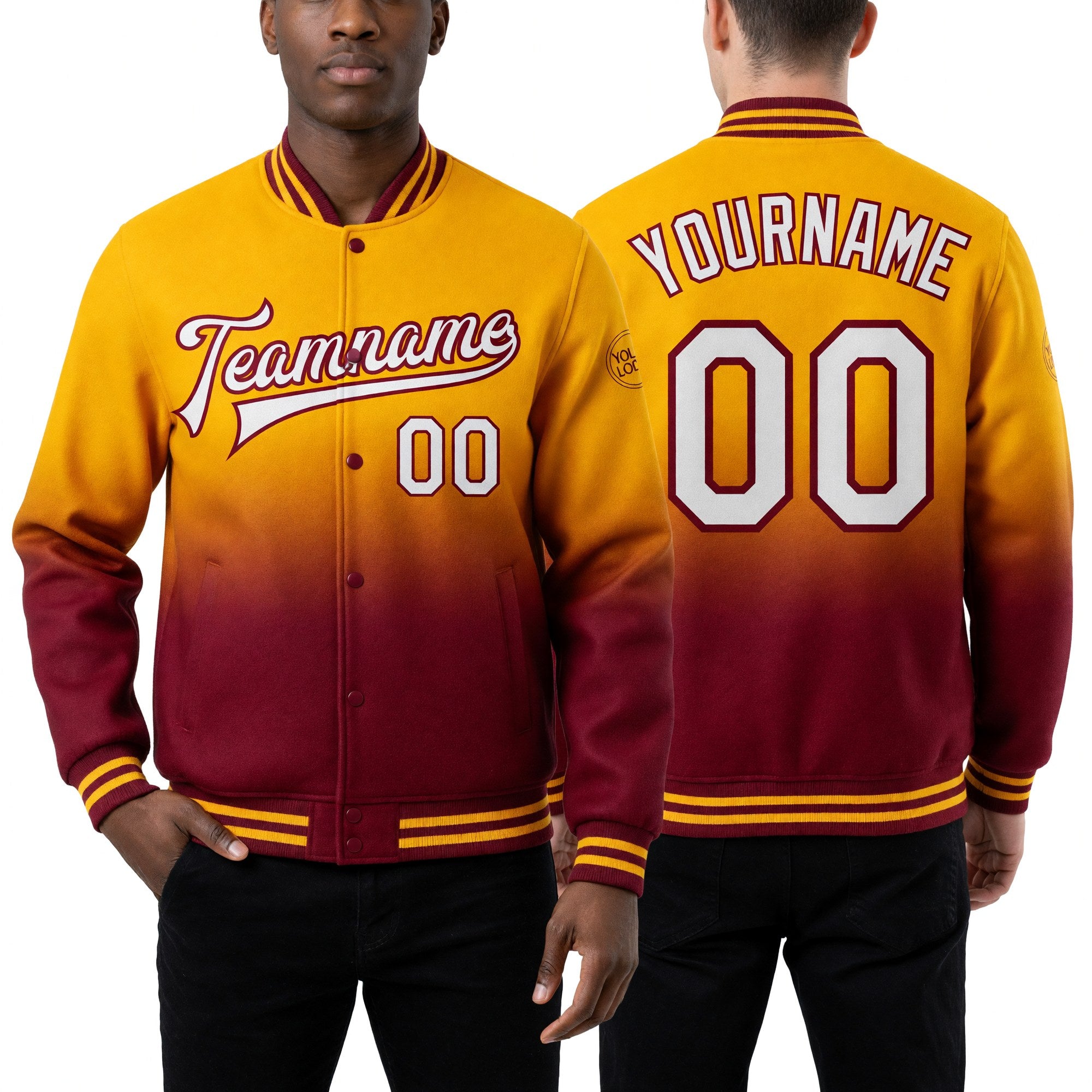 Custom Gold White-Crimson Bomber Full-Snap Varsity Letterman Fade Fashion Jacket worn front and back