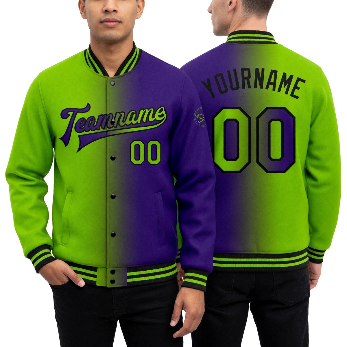 Custom Purple Neon Green-Black Bomber Full-Snap Varsity Letterman Gradient Fashion Jacket worn front and back