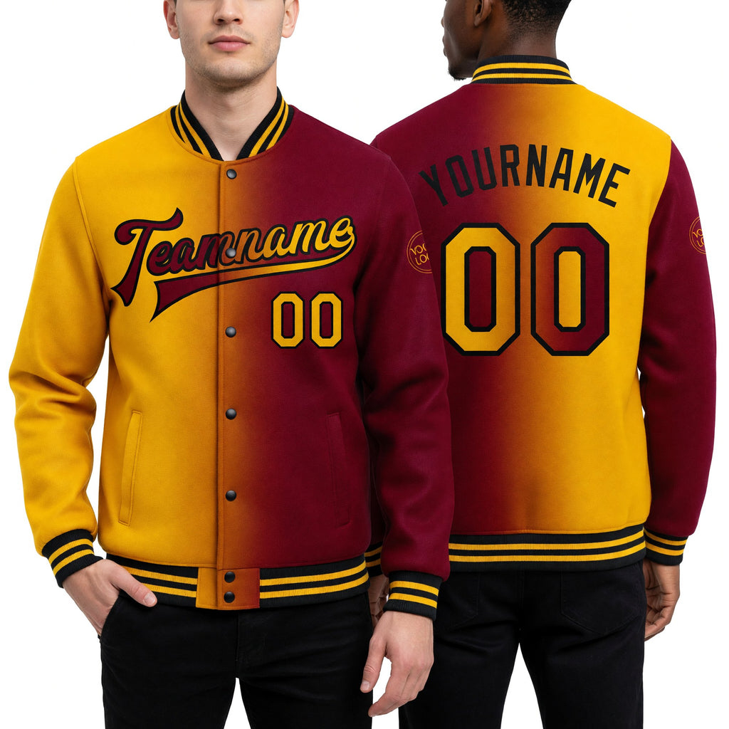 Custom Maroon Gold-Black Bomber Full-Snap Varsity Letterman Gradient Fashion Jacket worn front and back