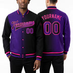Custom Black Purple-Pink Bomber Full-Snap Varsity Letterman Gradient Fashion Jacket worn front and back
