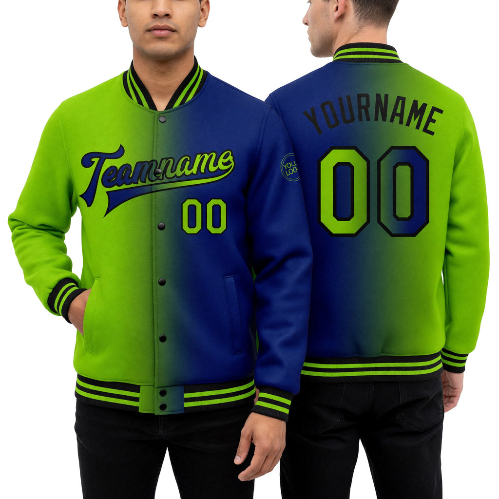 Custom Royal Neon Green-Black Bomber Full-Snap Varsity Letterman Gradient Fashion Jacket worn front and back