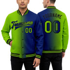 Custom Royal Neon Green-Black Bomber Full-Snap Varsity Letterman Gradient Fashion Jacket worn front and back