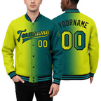 Custom Teal Neon Yellow-Black Bomber Full-Snap Varsity Letterman Gradient Fashion Jacket worn front and back