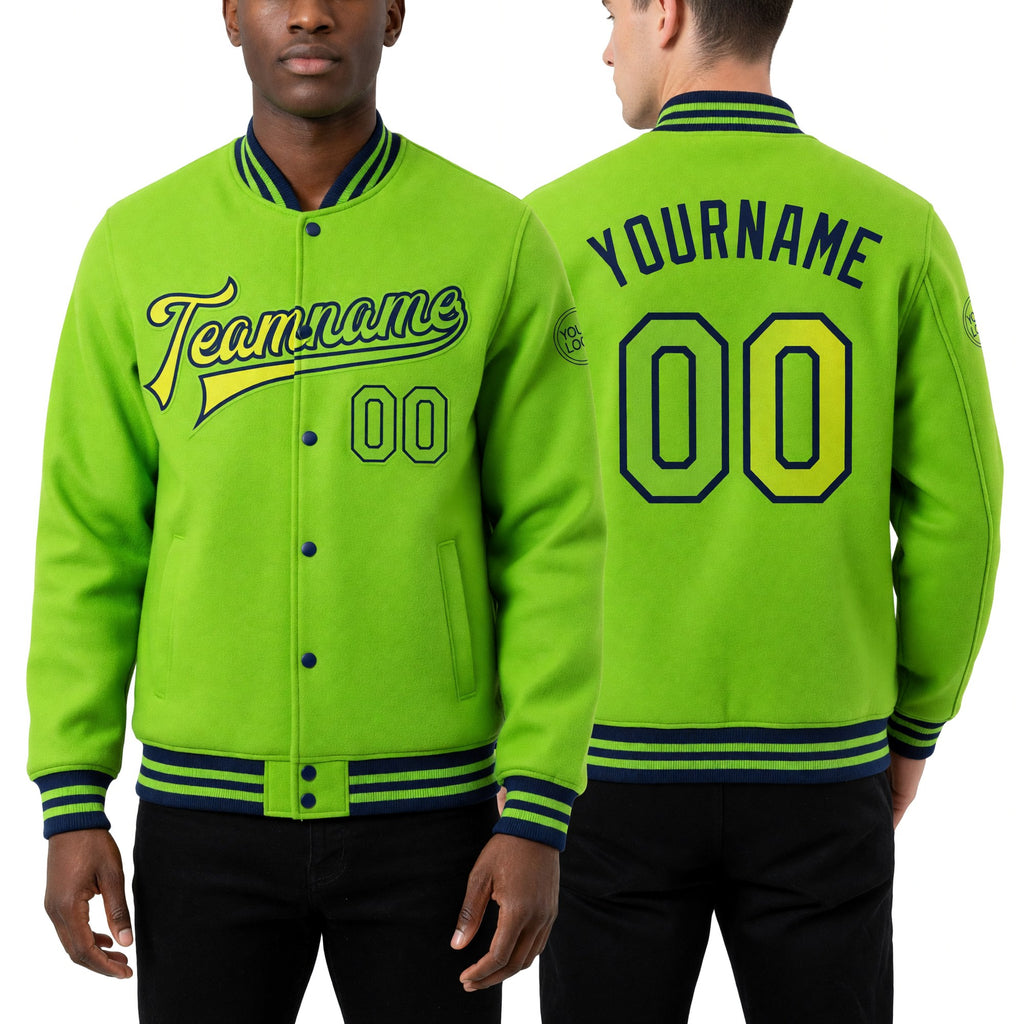 Custom Neon Yellow Neon Green-Navy Bomber Full-Snap Varsity Letterman Gradient Fashion Jacket worn front and back
