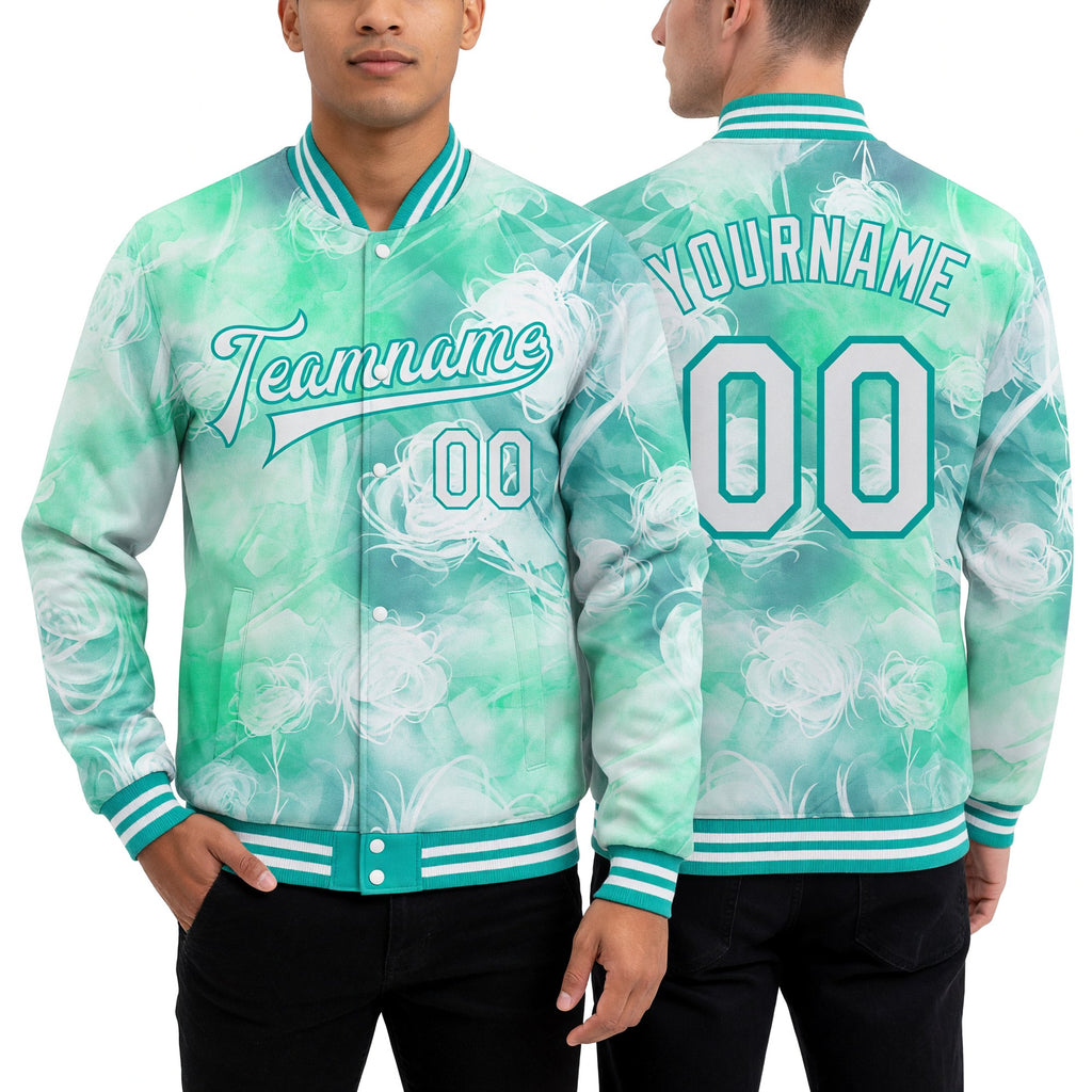 Custom Aqua White Halo Dying Rose 3D Pattern Design Bomber Full-Snap Varsity Letterman Jacket worn front and back