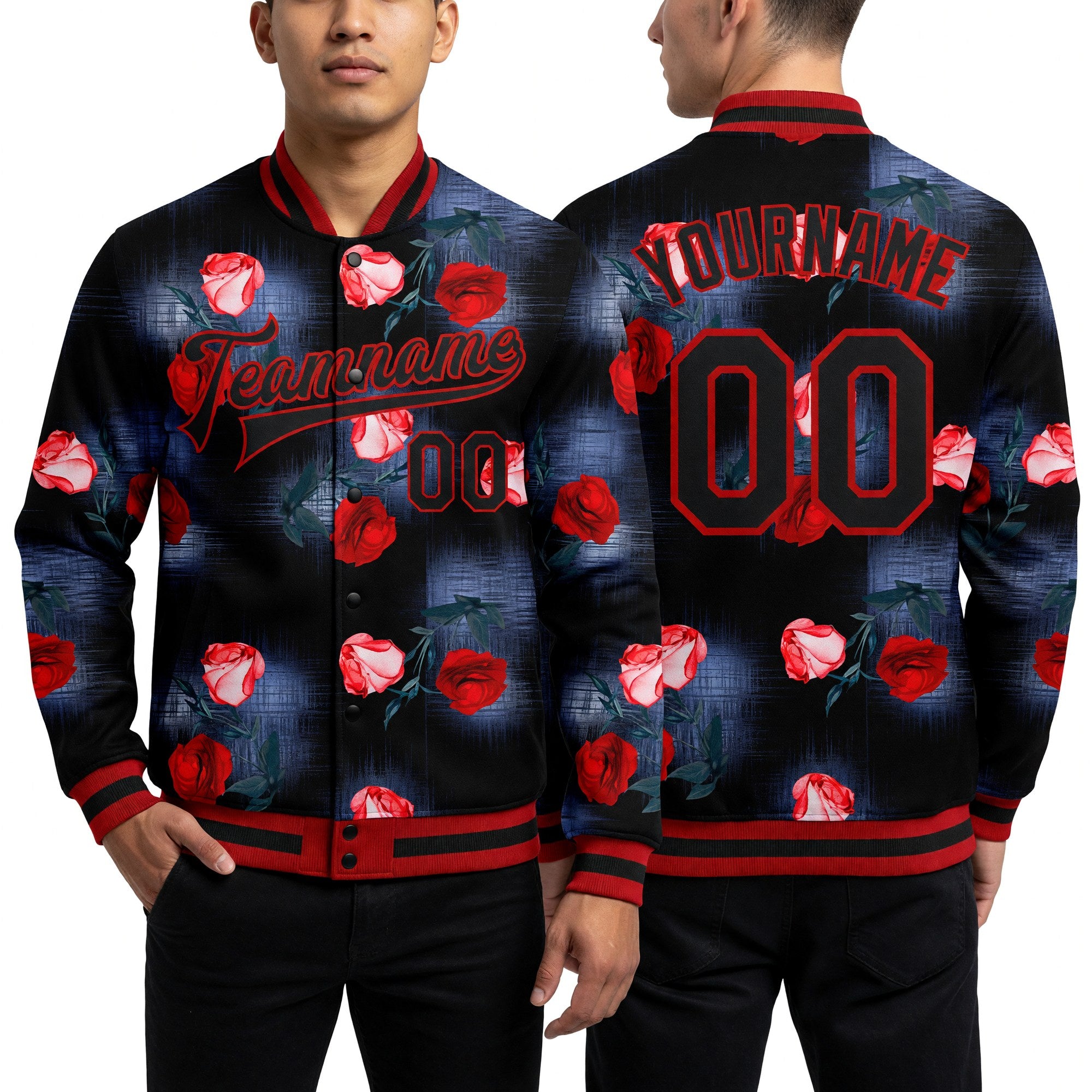 Custom Black Red Rose 3D Pattern Design Bomber Full-Snap Varsity Letterman Jacket worn front and back