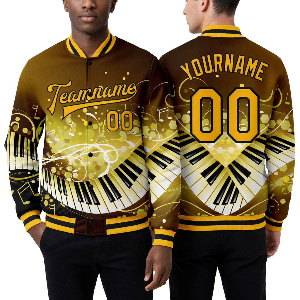 Custom Brown Gold-Black Piano Music Festival 3D Pattern Design Bomber Full-Snap Varsity Letterman Jacket worn front and back