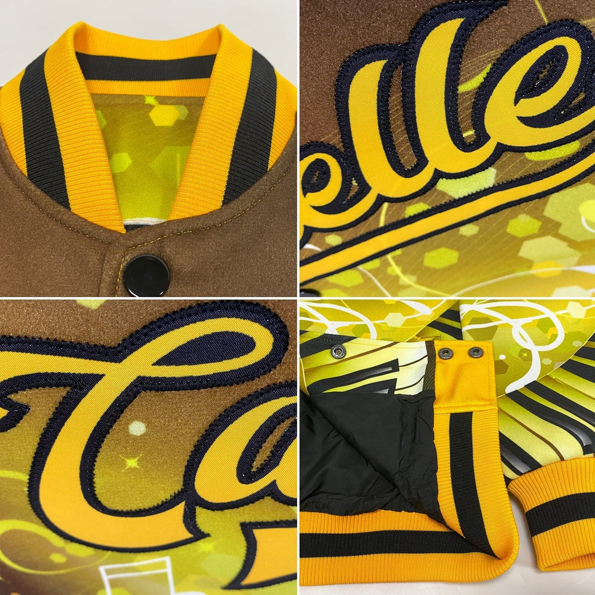 Custom Brown Gold-Black Piano Music Festival 3D Pattern Design Bomber Full-Snap Varsity Letterman Jacket photo 4