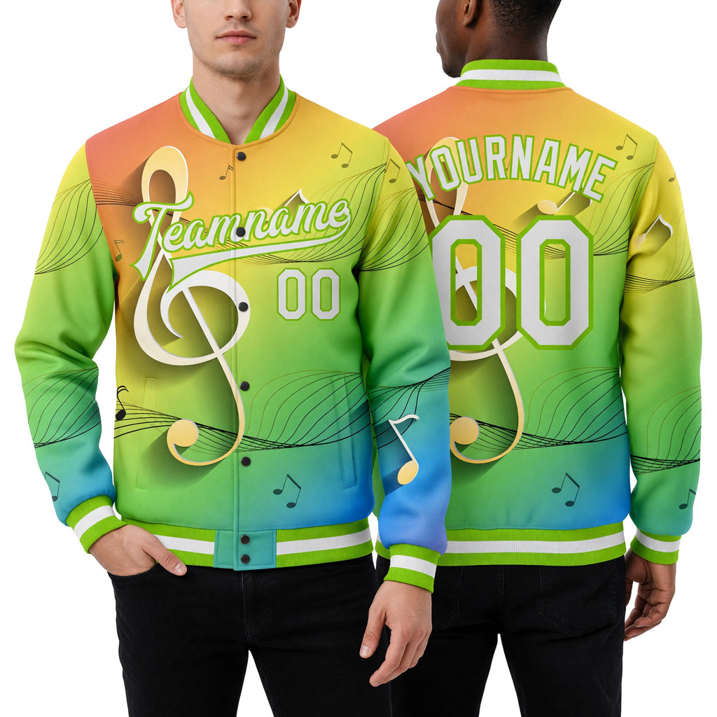 Custom Neon Green White Music Festival 3D Pattern Design Bomber Full-Snap Varsity Letterman Jacket worn front and back