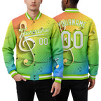 Custom Neon Green White Music Festival 3D Pattern Design Bomber Full-Snap Varsity Letterman Jacket worn front and back
