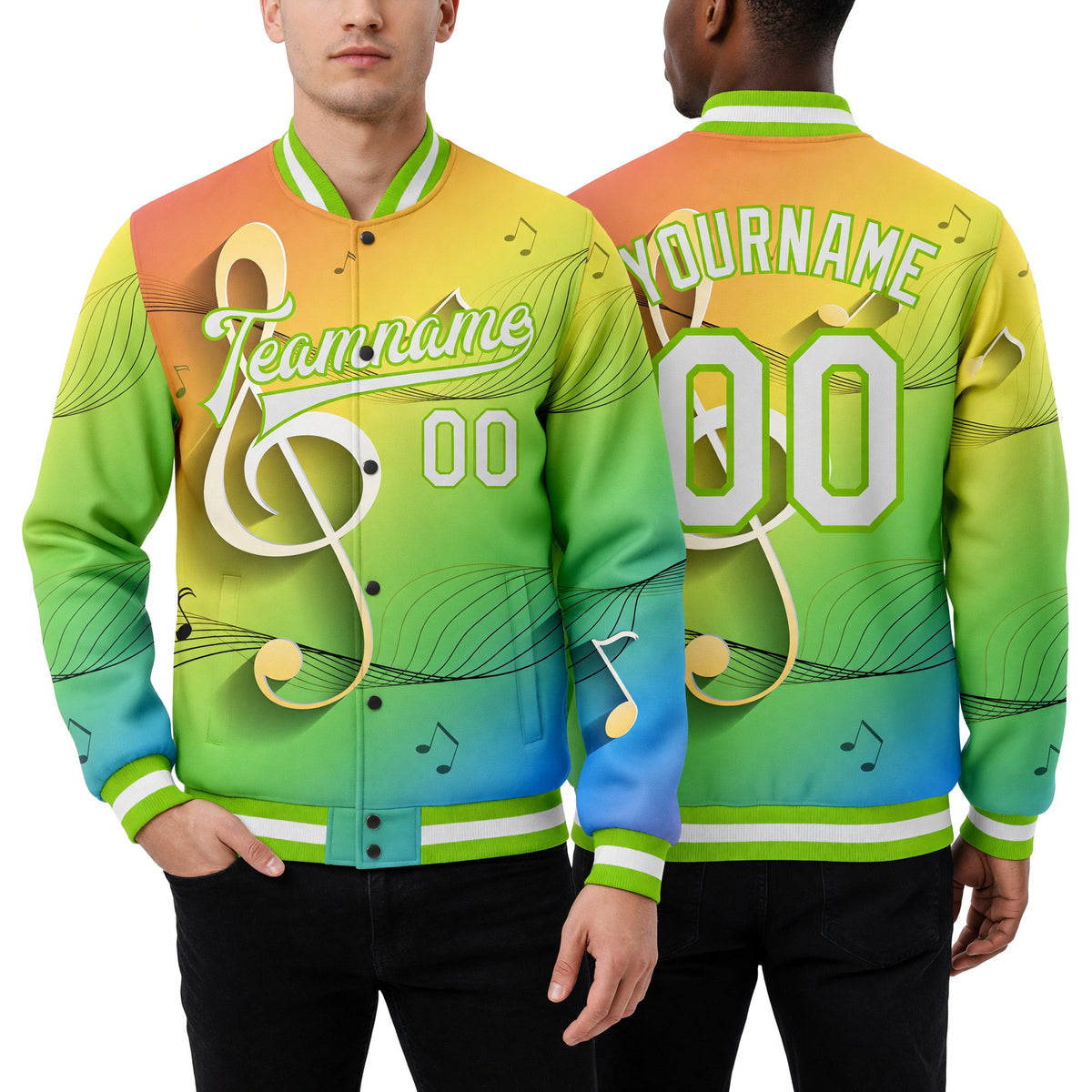 Custom Neon Green White Music Festival 3D Pattern Design Bomber Full-Snap Varsity Letterman Jacket worn front and back