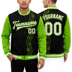 Custom Black White-Neon Green Music Festival 3D Pattern Design Bomber Full-Snap Varsity Letterman Jacket worn front and back
