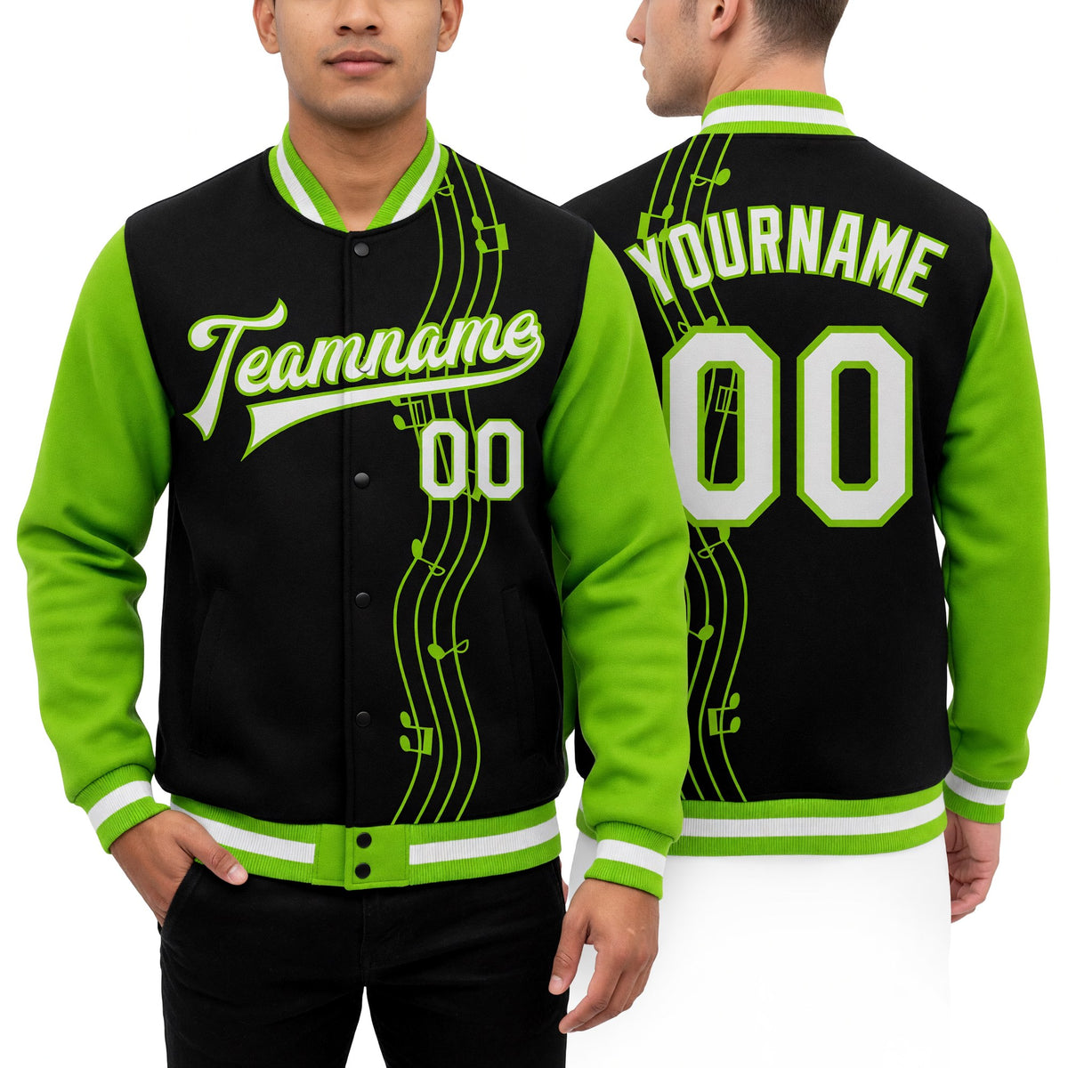 Custom Black White-Neon Green Music Festival 3D Pattern Design Bomber Full-Snap Varsity Letterman Jacket worn front and back
