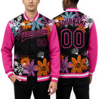 Custom Black Pink Flowers 3D Pattern Design Bomber Full-Snap Varsity Letterman Jacket worn front and back