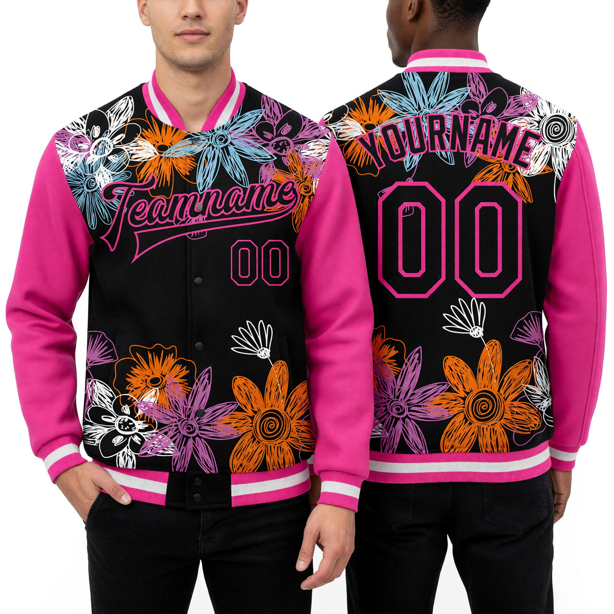 Custom Black Pink Flowers 3D Pattern Design Bomber Full-Snap Varsity Letterman Jacket worn front and back