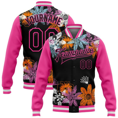 Custom Black Flowers Full Snap Bomber Varsity Jacket with Pink Accents