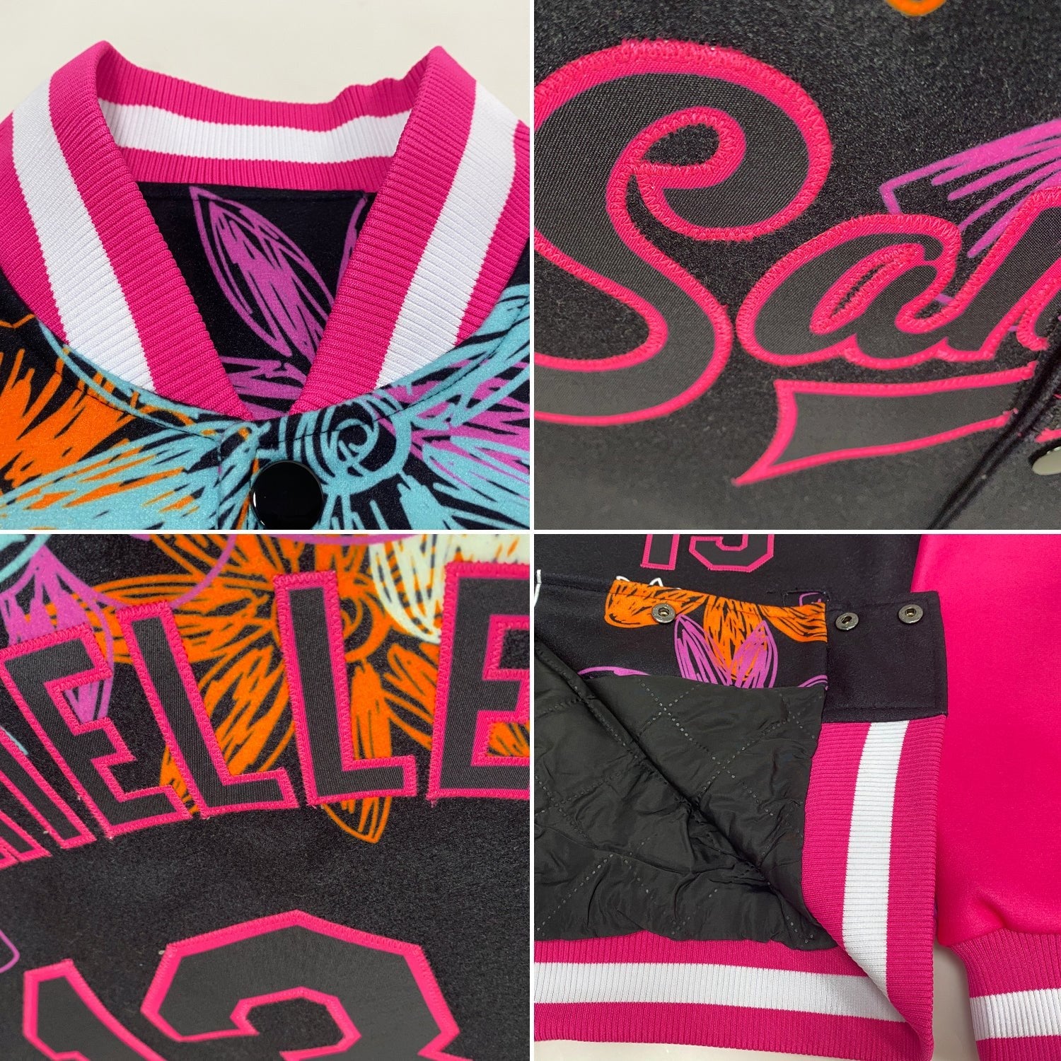 Custom Black Pink Flowers 3D Pattern Design Bomber Full-Snap Varsity Letterman Jacket photo 4