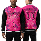 Custom Pink Black Flowers 3D Pattern Design Bomber Full-Snap Varsity Letterman Jacket worn front and back