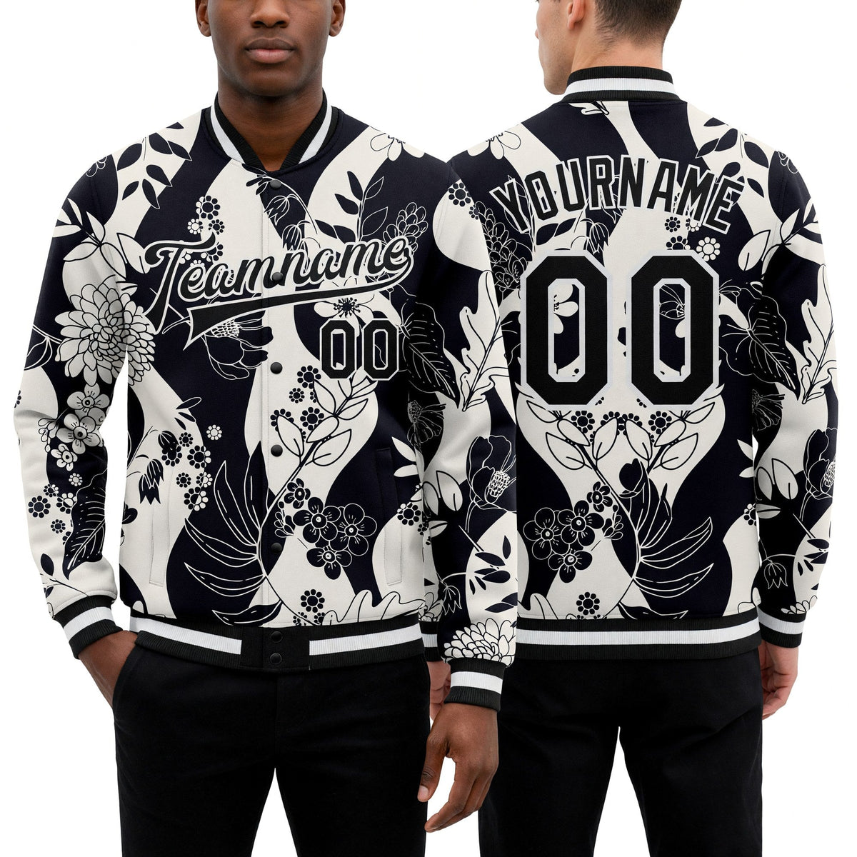 Custom Black White Floral Wave 3D Pattern Design Bomber Full-Snap Varsity Letterman Jacket worn front and back