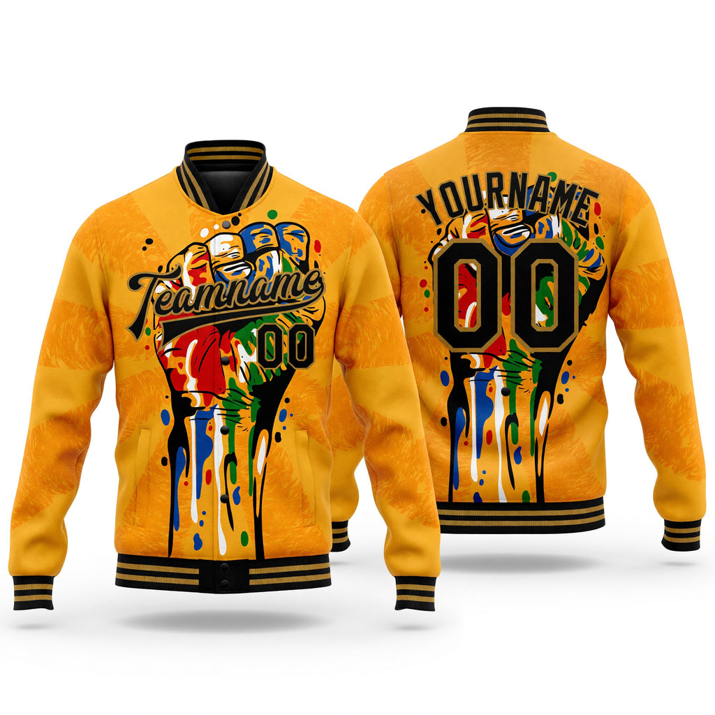 Custom Gold Black-Old Gold Black History Month 3D Pattern Design Bomber Full-Snap Varsity Letterman Jacket
