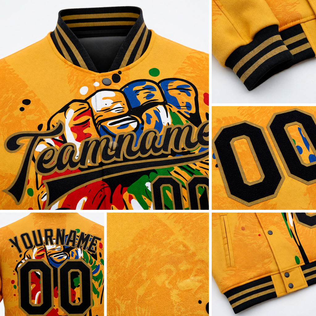 Custom Gold Black-Old Gold Black History Month 3D Pattern Design Bomber Full-Snap Varsity Letterman Jacket detail