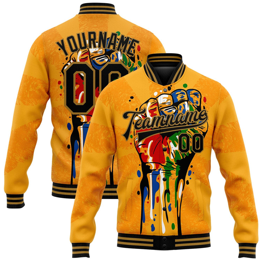 Custom Gold Black-Old Gold Black History Month 3D Pattern Design Bomber Full-Snap Varsity Letterman Jacket photo 1