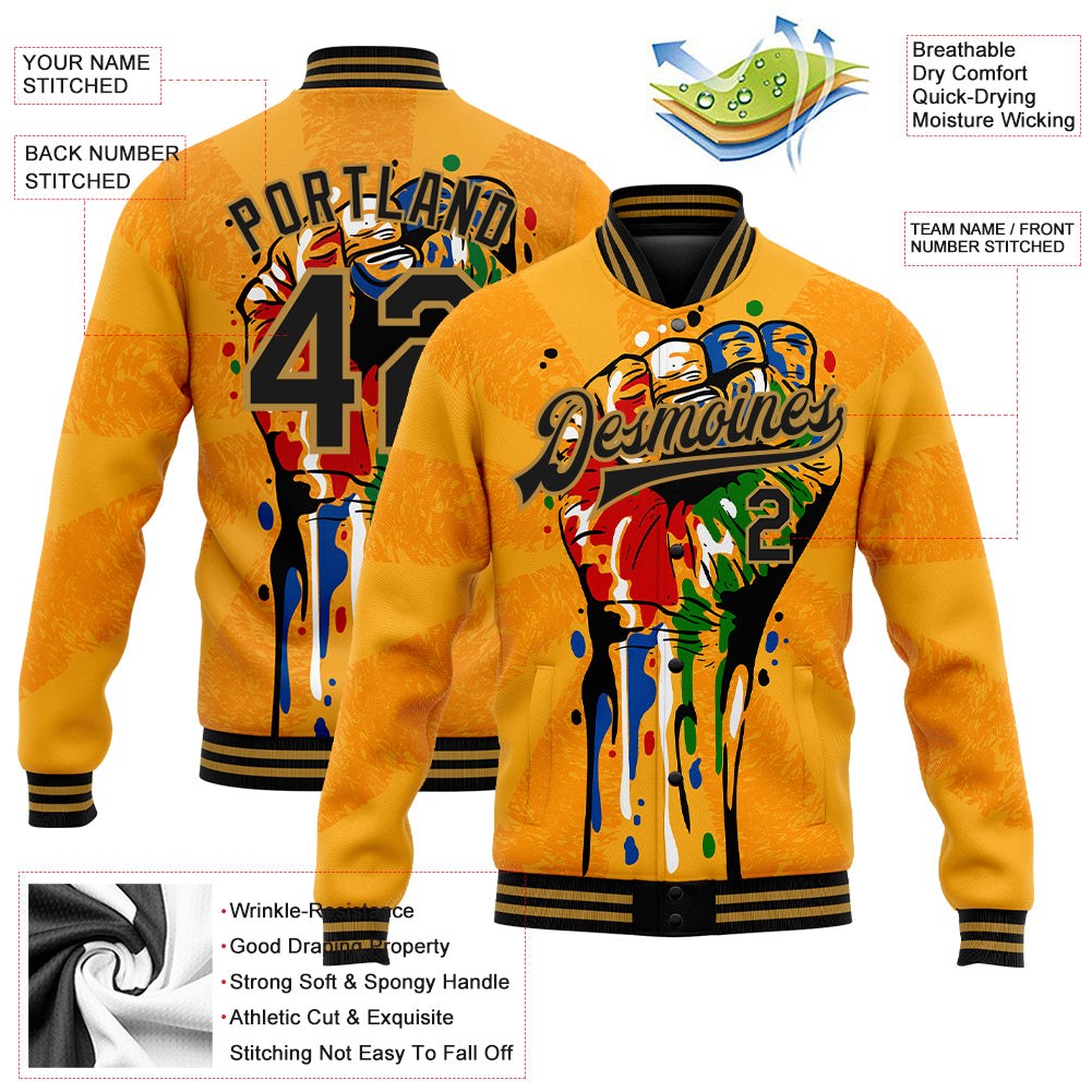 Custom Gold Black-Old Gold Black History Month 3D Pattern Design Bomber Full-Snap Varsity Letterman Jacket photo 5