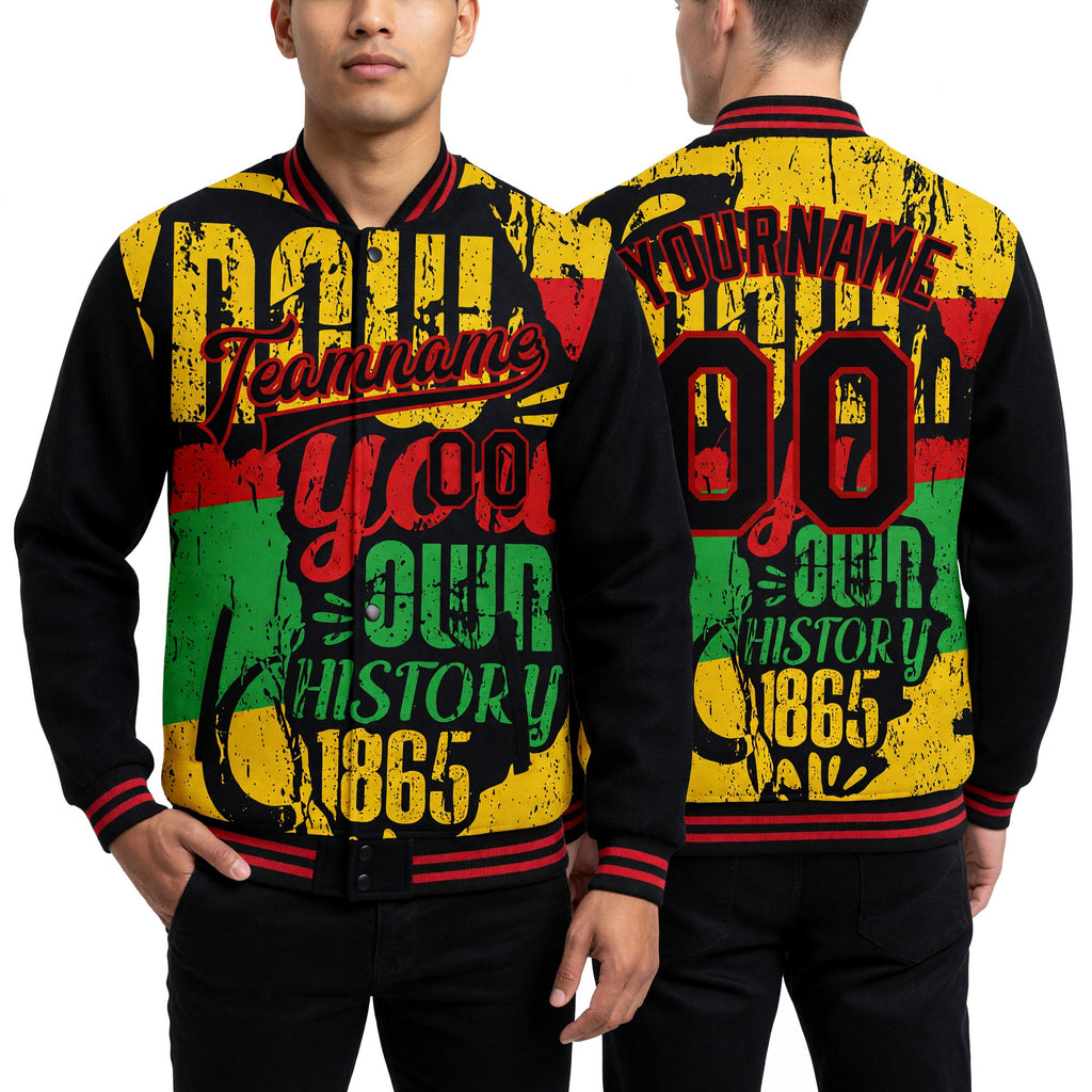 Custom Black Red Gold-Kelly Green Black History Month 3D Pattern Design Bomber Full-Snap Varsity Letterman Jacket worn front and back