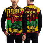 Custom Black Red Gold-Kelly Green Black History Month 3D Pattern Design Bomber Full-Snap Varsity Letterman Jacket worn front and back