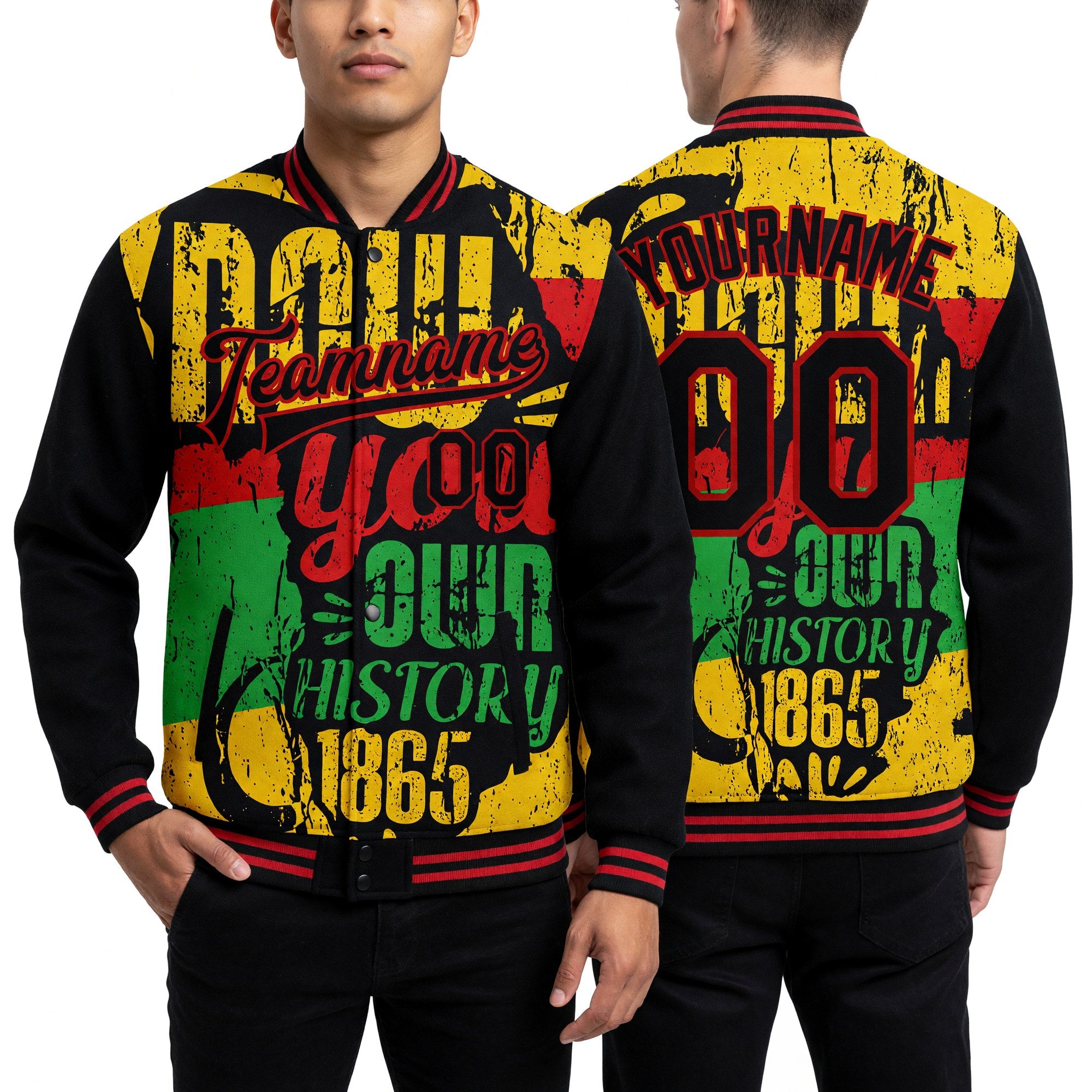 Custom Black Red Gold-Kelly Green Black History Month 3D Pattern Design Bomber Full-Snap Varsity Letterman Jacket worn front and back