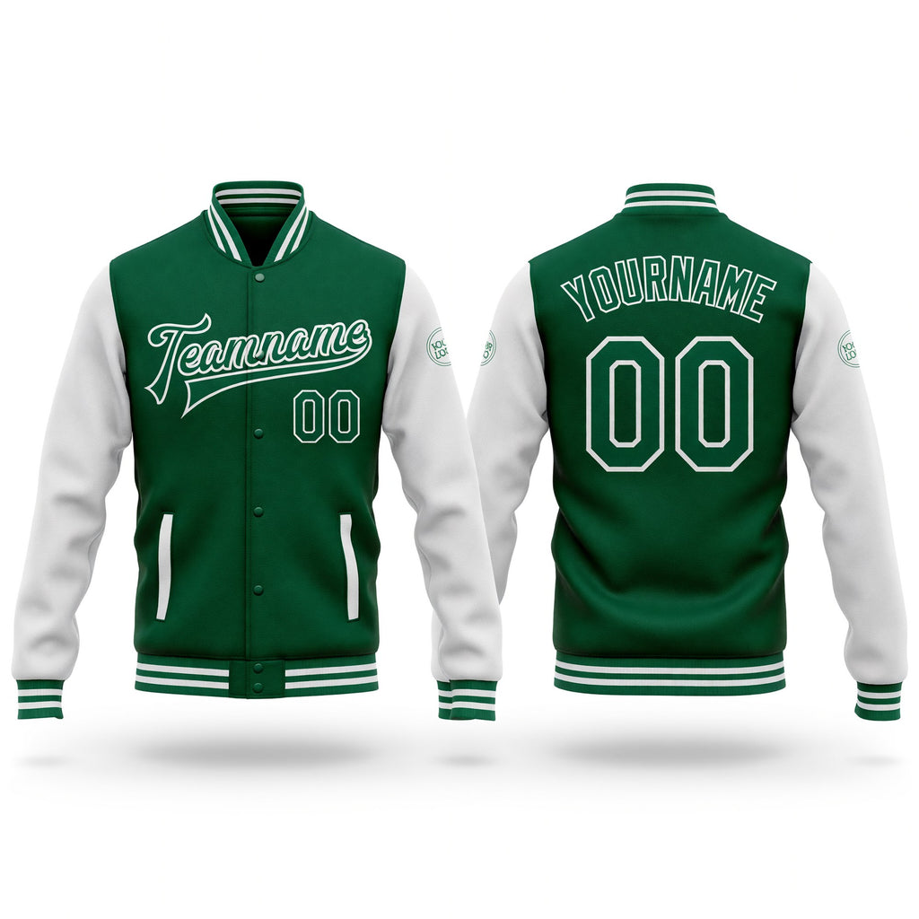 Custom Kelly Green White Bomber Full-Snap Varsity Letterman Two Tone Jacket