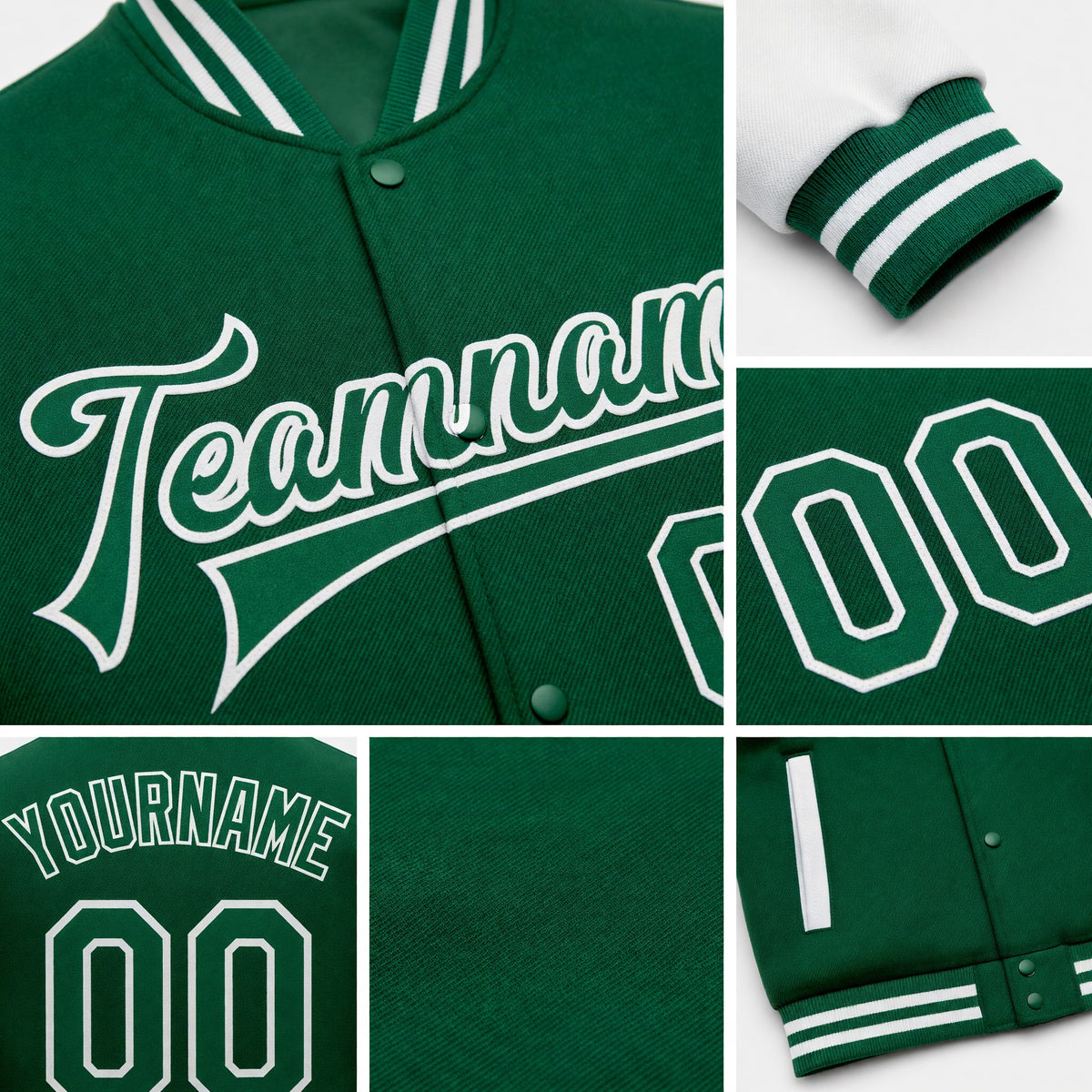 Custom Kelly Green White Bomber Full-Snap Varsity Letterman Two Tone Jacket detail