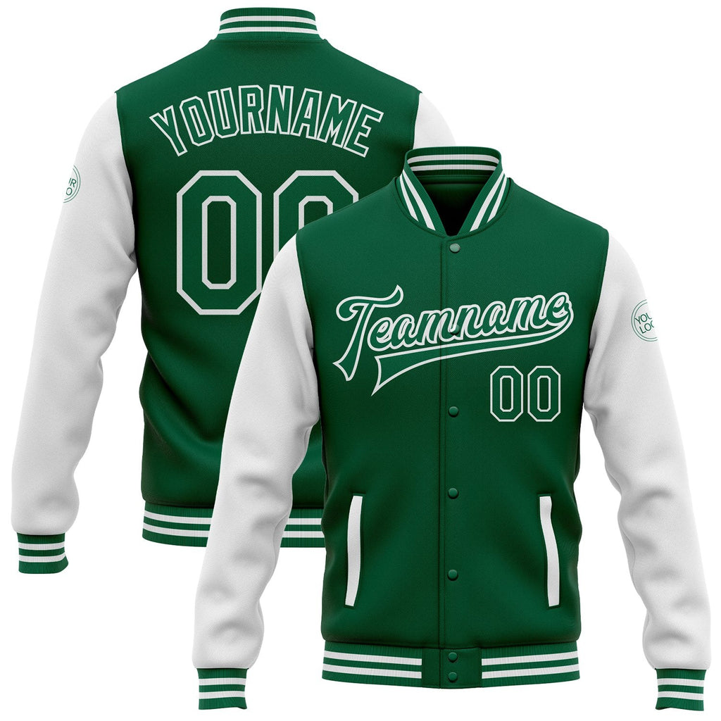 Custom Kelly Green White Bomber Full-Snap Varsity Letterman Two Tone Jacket photo 1