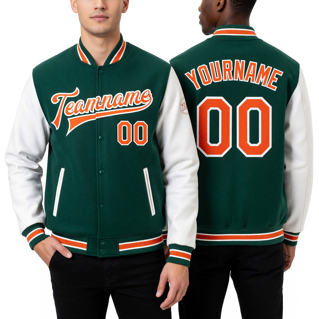 Custom Kelly Green Orange-White Bomber Full-Snap Varsity Letterman Two Tone Jacket worn front and back