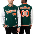 Custom Kelly Green Orange-White Bomber Full-Snap Varsity Letterman Two Tone Jacket worn front and back