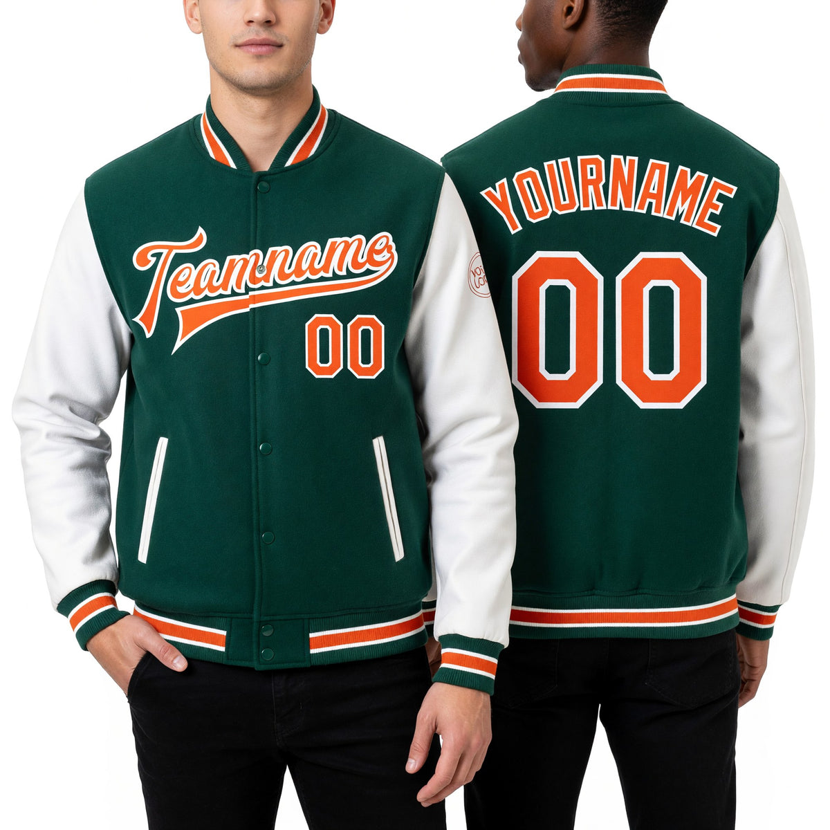 Custom Kelly Green Orange-White Bomber Full-Snap Varsity Letterman Two Tone Jacket worn front and back