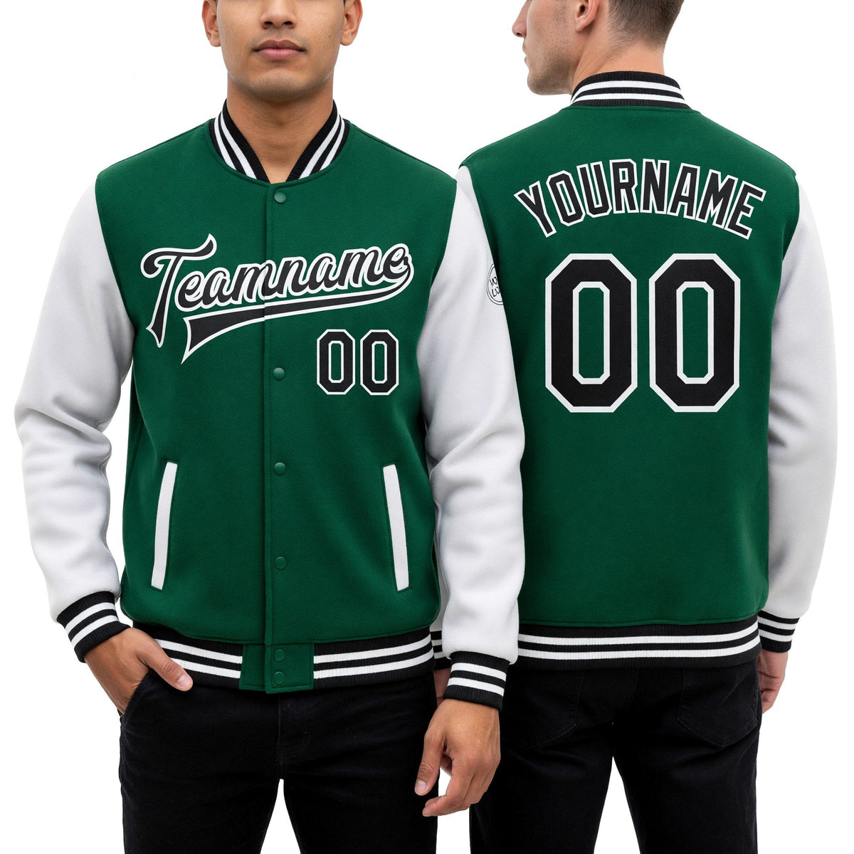 Custom Kelly Green Black-White Bomber Full-Snap Varsity Letterman Two Tone Jacket worn front and back