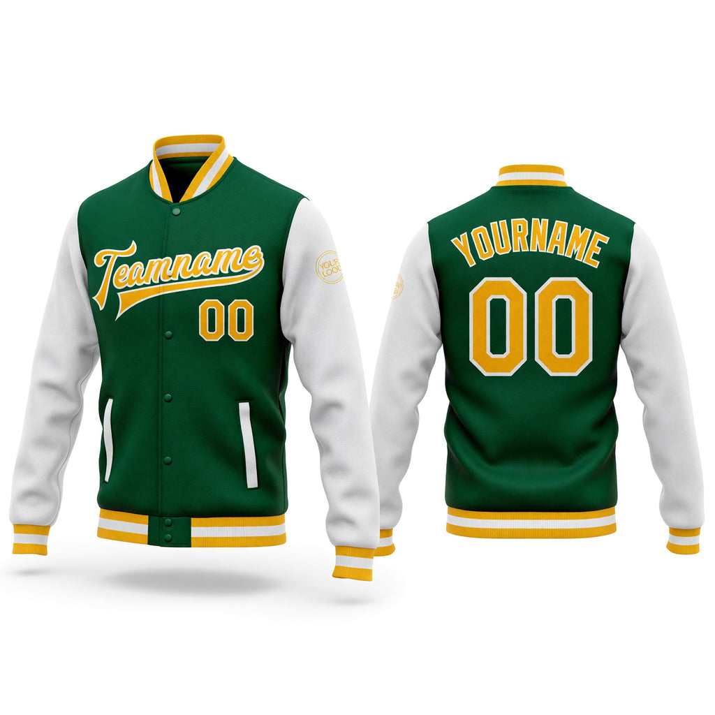 Custom Kelly Green Gold-White Bomber Full-Snap Varsity Letterman Two Tone Jacket
