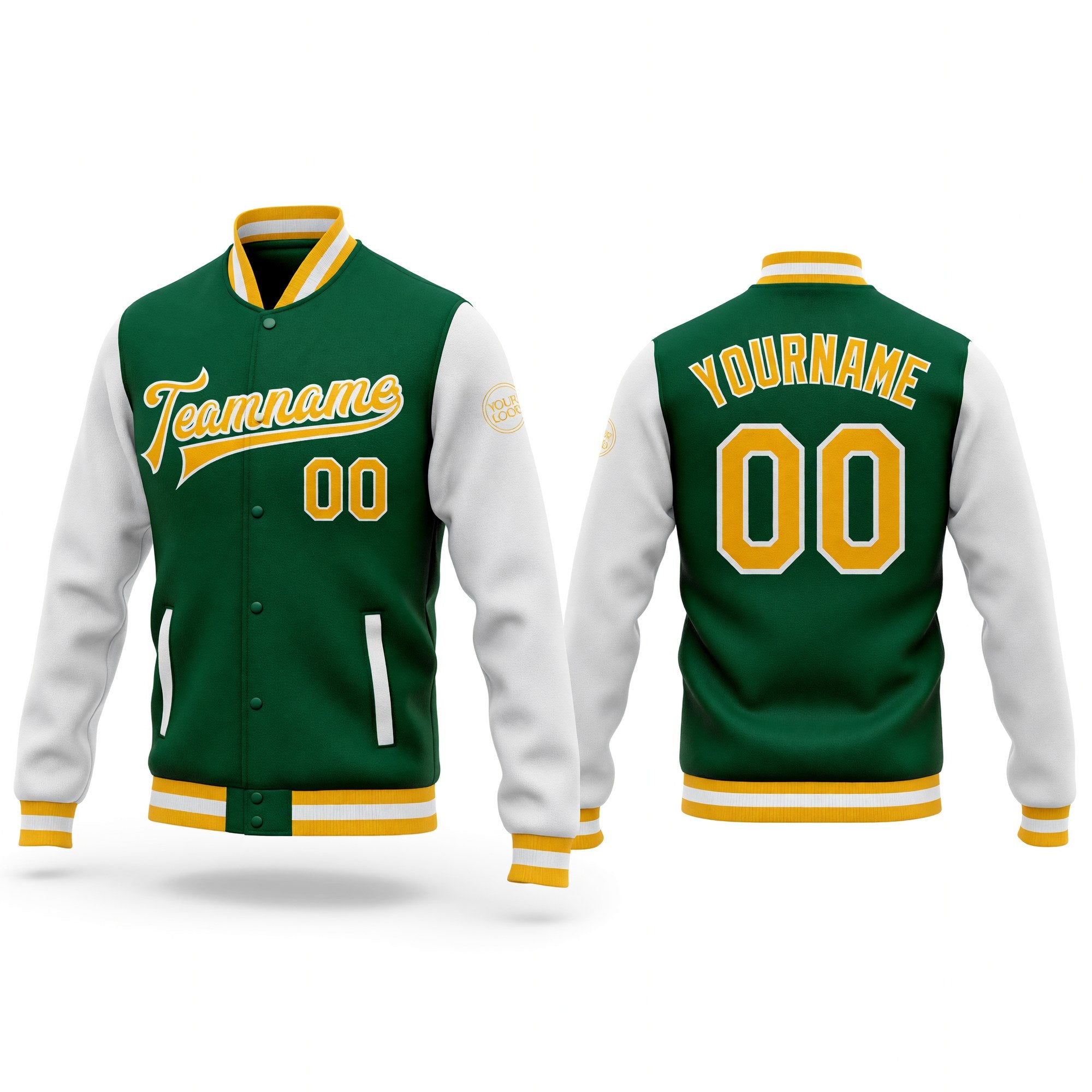 Custom Kelly Green Gold-White Bomber Full-Snap Varsity Letterman Two Tone Jacket
