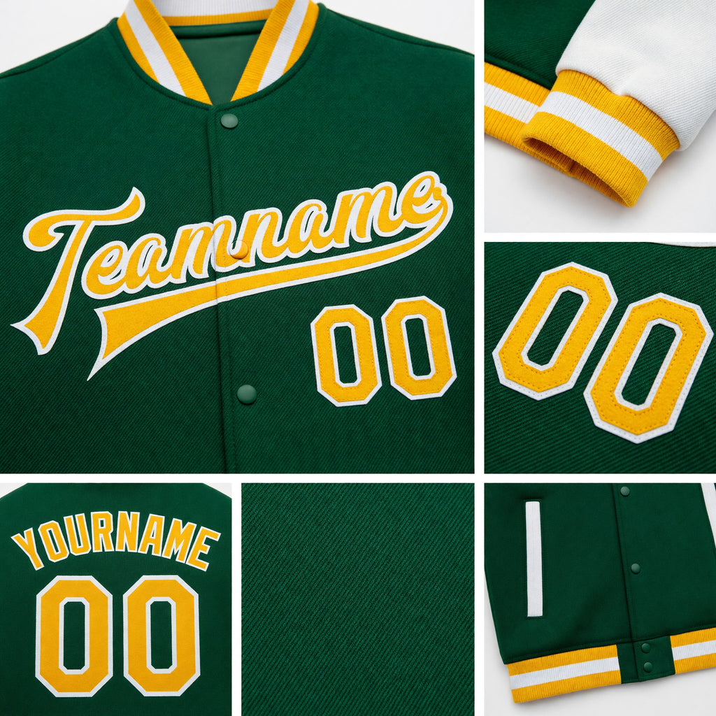 Custom Kelly Green Gold-White Bomber Full-Snap Varsity Letterman Two Tone Jacket detail