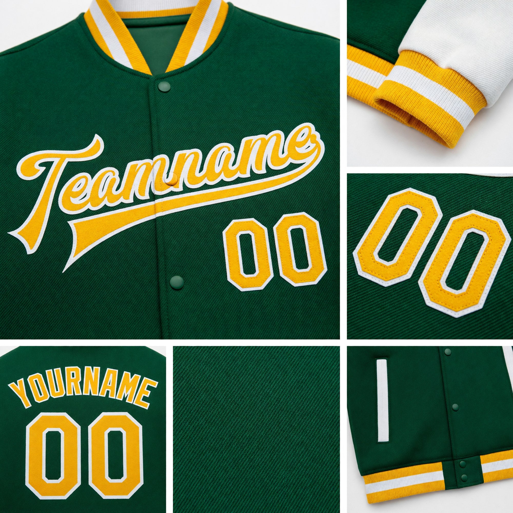 Custom Kelly Green Gold-White Bomber Full-Snap Varsity Letterman Two Tone Jacket detail
