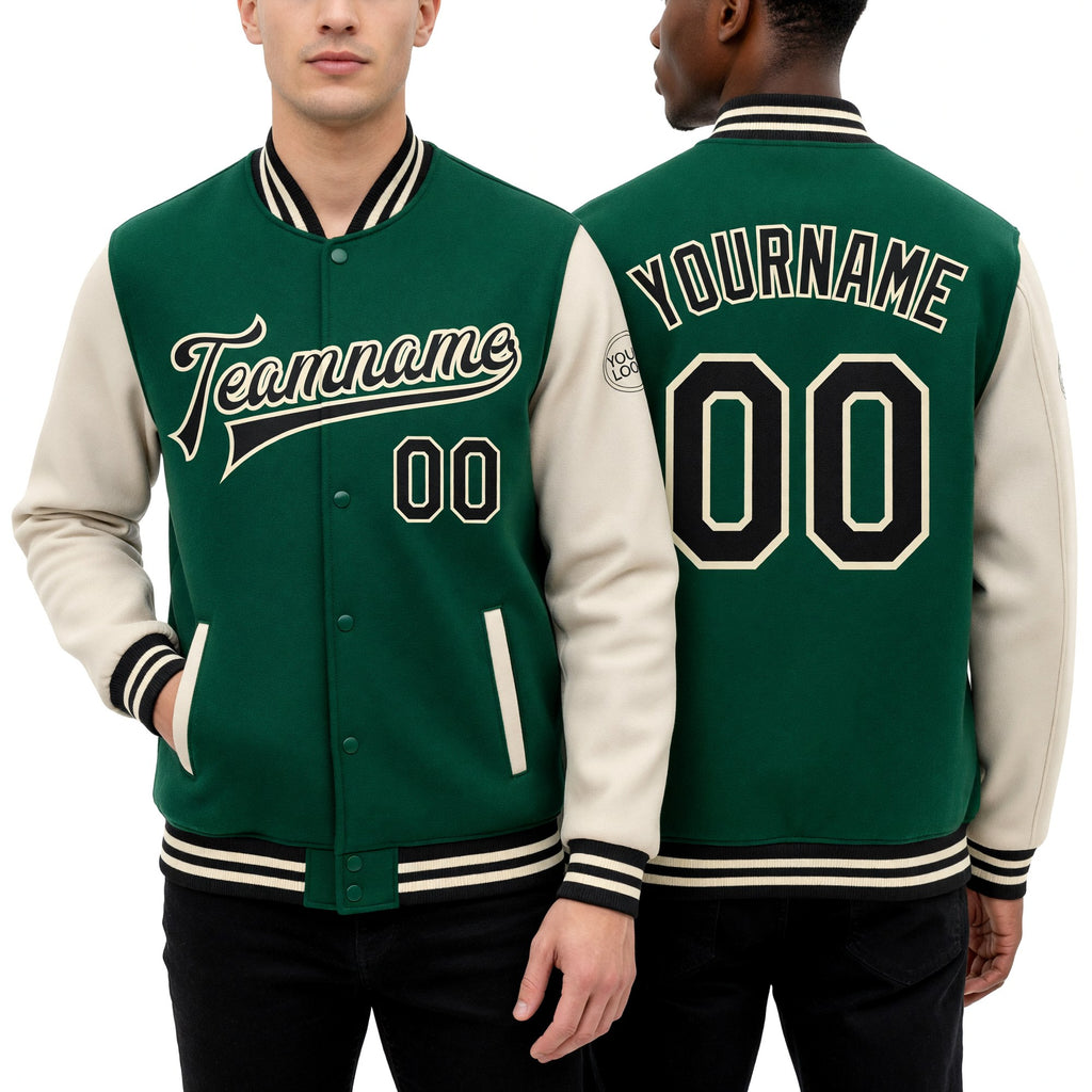 Custom Kelly Green Black-Cream Bomber Full-Snap Varsity Letterman Two Tone Jacket worn front and back