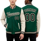 Custom Kelly Green Black-Cream Bomber Full-Snap Varsity Letterman Two Tone Jacket worn front and back