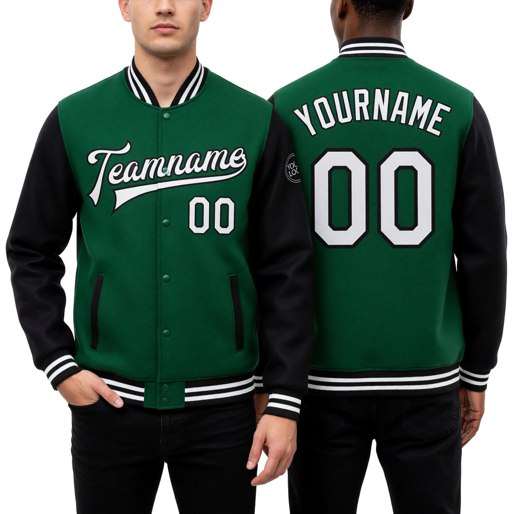 Custom Kelly Green White-Black Bomber Full-Snap Varsity Letterman Two Tone Jacket worn front and back
