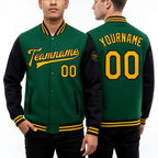 Custom Kelly Green Gold-Black Bomber Full-Snap Varsity Letterman Two Tone Jacket worn front and back