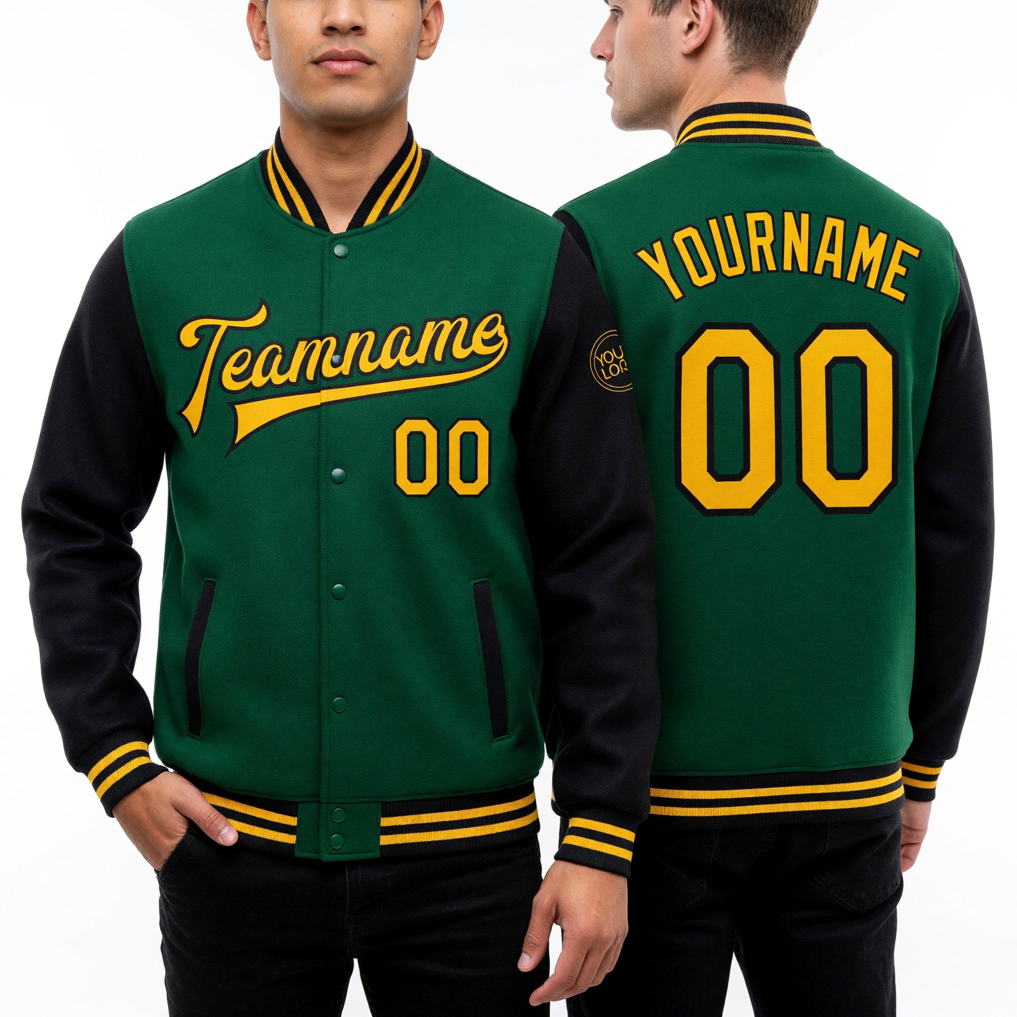 Custom Kelly Green Gold-Black Bomber Full-Snap Varsity Letterman Two Tone Jacket worn front and back