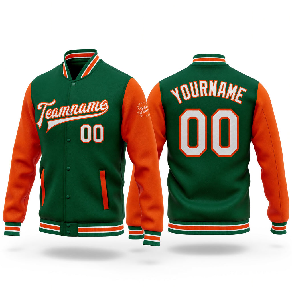 Custom Kelly Green White-Orange Bomber Full-Snap Varsity Letterman Two Tone Jacket