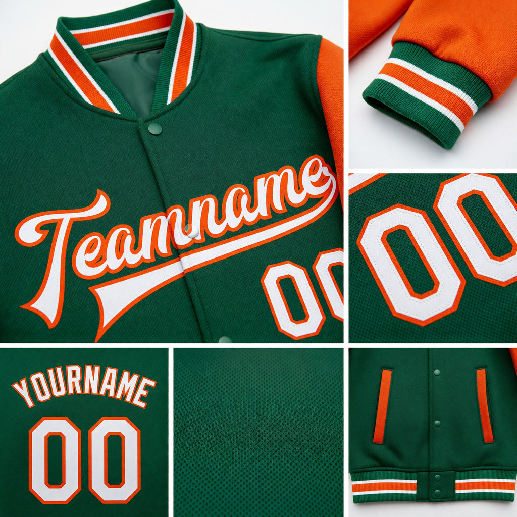 Custom Kelly Green White-Orange Bomber Full-Snap Varsity Letterman Two Tone Jacket detail